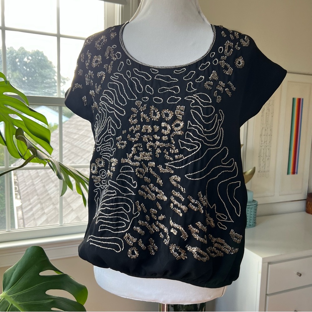 NWT Yoana Baraschi Blue Label Black & Silver Wild Side Top Beaded Sequined Sz M